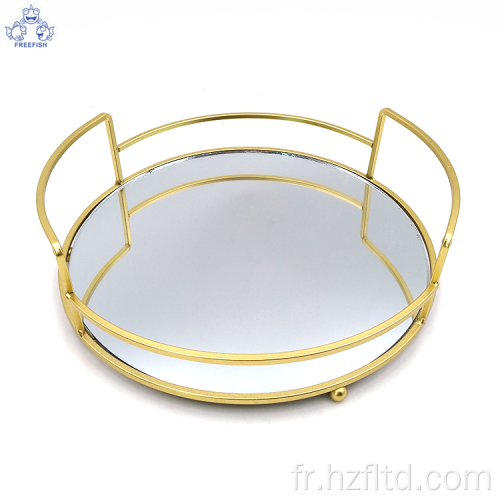 Plateau à bijoux de table en miroir rond en métal